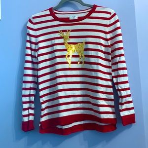 White and red stripped sweater. sequence silver or gold reindeer. Girls XL